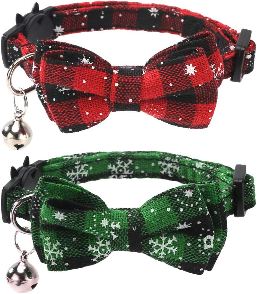 Azuza Christmas Cat Collar 2-Pack, Adjustable Plaid Bow Tie Collars with Bell, Safety Breakaway for Cats & Small Dogs