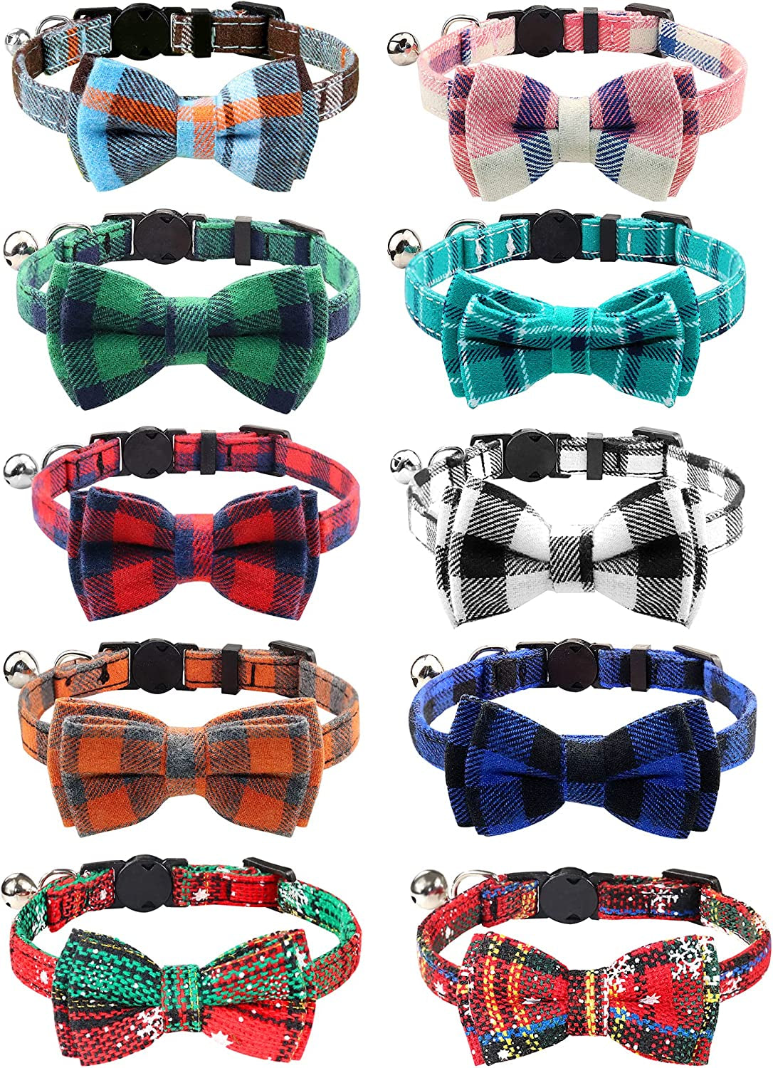 Joytale Upgraded Cat Collar with Bells, Breakaway Cat Collars with Bow Tie, 1 Pack Girl Boy Safety Plaid Kitten Collars, Haze Blue