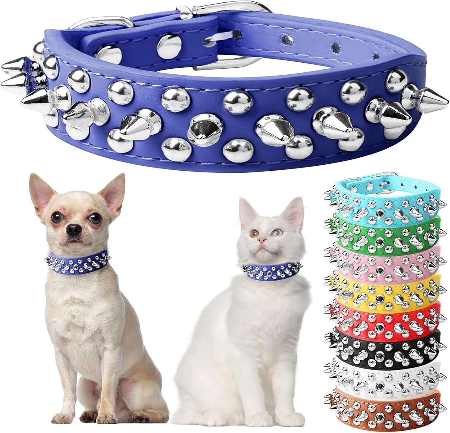 Spiked Dog Cat Collar, Soft White Leather Adjustable Puppy Collar with Studded Spikes, Anti-Bite Design for Small Dogs & Cats (XS, White)