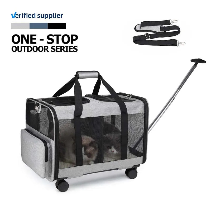 Double Compartment Pet Carrier With Detachable Wheels Rolling Carrier for 2 Small Cats Dog Carrying case - Fold Paws