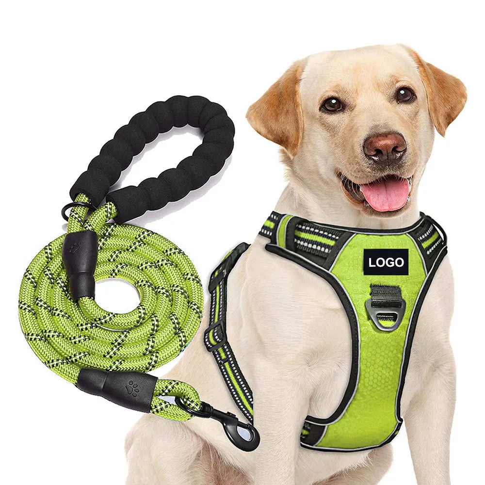 Reflective Neoprene Dog Harness & Leash Set – Adjustable No-Pull Luxury Pet Vest with Custom Name Tag - Fold Paws