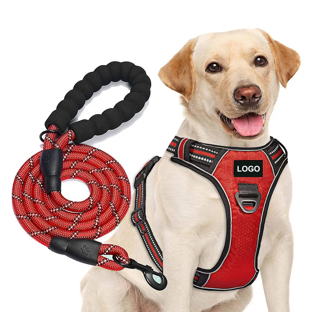 Reflective Neoprene Dog Harness & Leash Set – Adjustable No-Pull Luxury Pet Vest with Custom Name Tag - Fold Paws