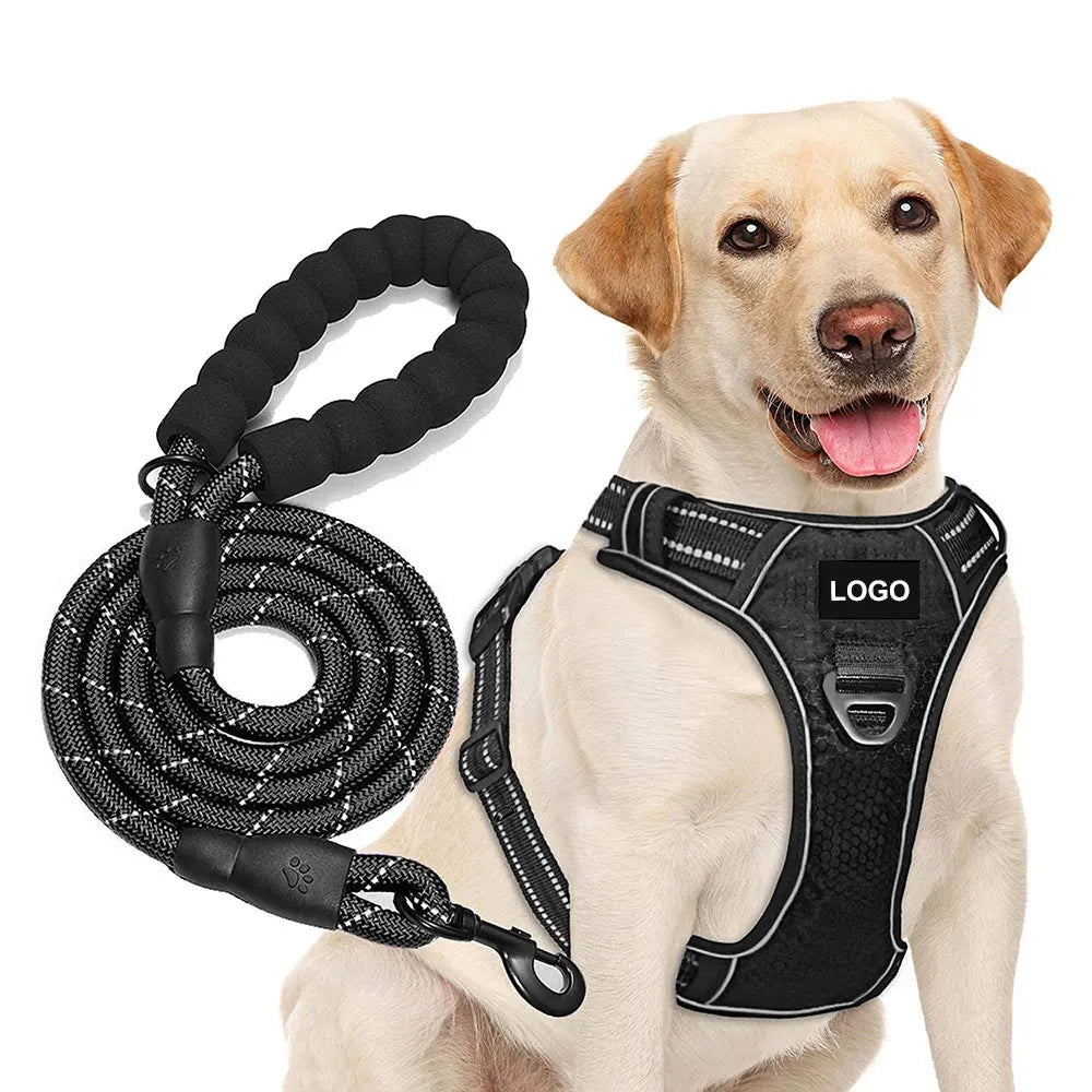 Reflective Neoprene Dog Harness & Leash Set – Adjustable No-Pull Luxury Pet Vest with Custom Name Tag - Fold Paws