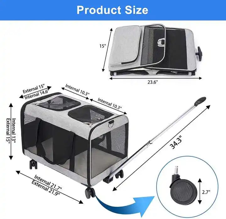 Rolling Double Pet Carrier – Detachable Wheel Travel Bag for Small Cats & Dogs with Spacious Compartments - Fold Paws