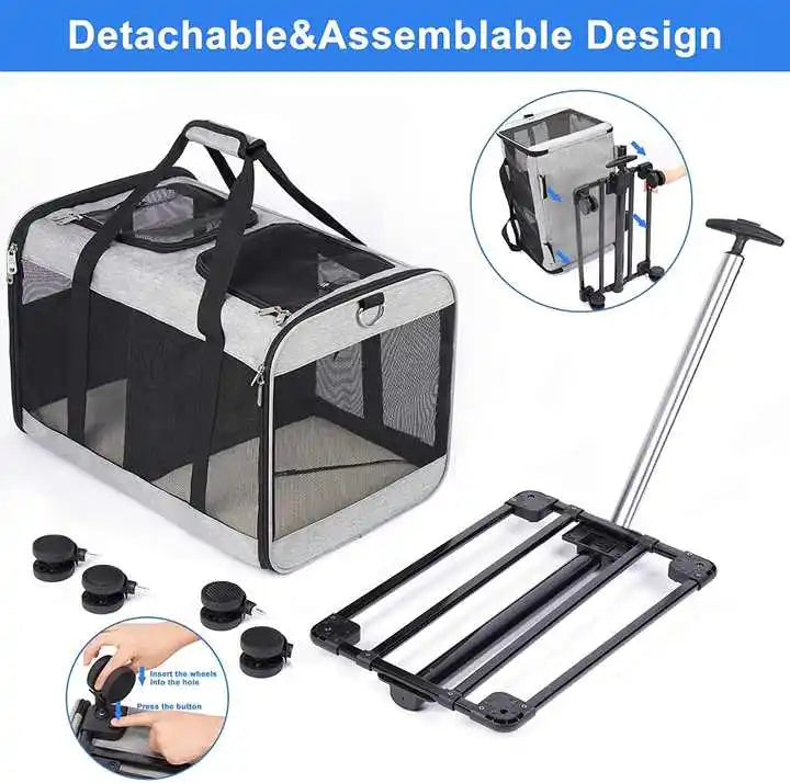 Rolling Double Pet Carrier – Detachable Wheel Travel Bag for Small Cats & Dogs with Spacious Compartments - Fold Paws