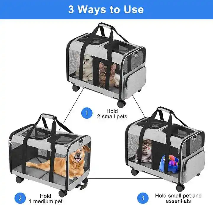 Rolling Double Pet Carrier – Detachable Wheel Travel Bag for Small Cats & Dogs with Spacious Compartments - Fold Paws