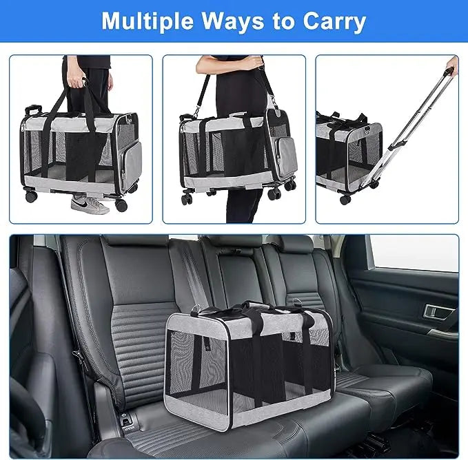 Rolling Double Pet Carrier – Detachable Wheel Travel Bag for Small Cats & Dogs with Spacious Compartments - Fold Paws