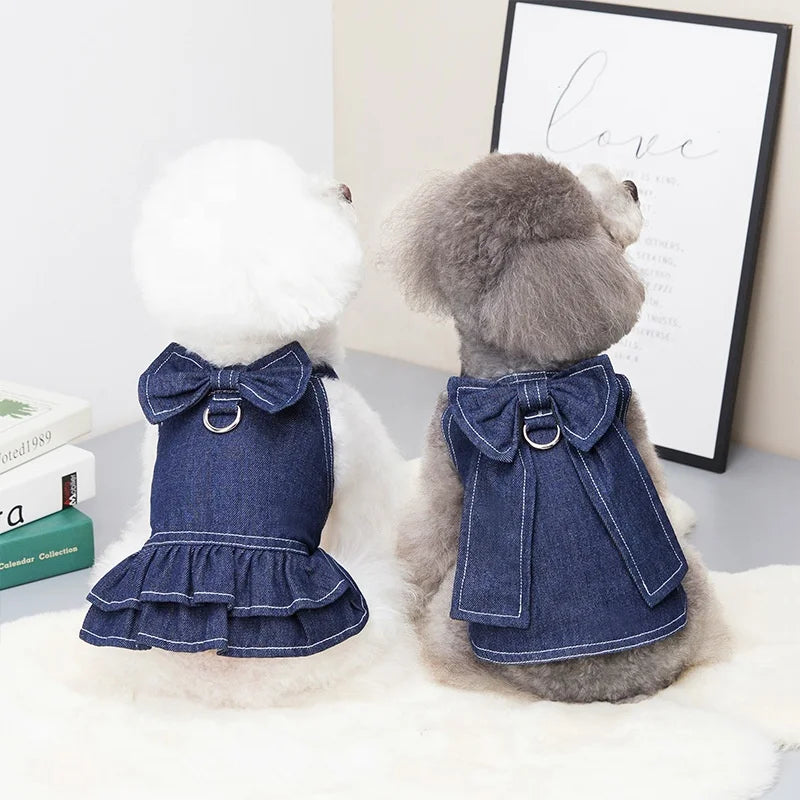 Designer Dog Dress with Harness – Fashion Denim Skirt T-Shirt & Leash Set for Small Pets - Fold Paws