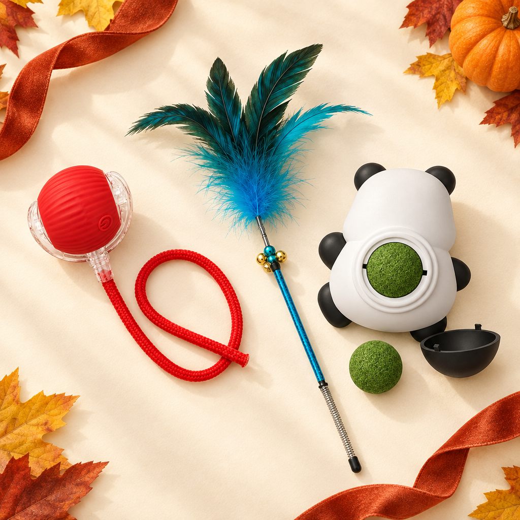 Rolling ball, feather wand and panda catnip wall toy with autumn accents